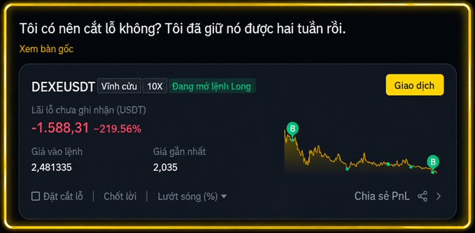 A Vietnamese-language trading interface showing an unrealized loss of -$1,588.31 (-219.56%) on a DEXEUSDT perpetual position marked 'Long' with a 10X leverage.