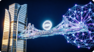 A digital illustration featuring illuminated skyscrapers connected by a glowing blue polygonal network mesh with a 'USDC' logo and 'Raye Public Chain' text in the center.