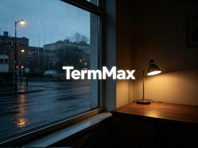 A moody view through a rain-streaked window showing a city street at dusk, with a lit desk lamp on the right and the text 'TermMax' overlaid in white.