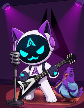 A cartoon white cat-like robot character with glowing cyan eyes plays a black electric guitar next to a vintage microphone on a purple-lit stage, accompanied by a purple bird holding a saxophone.