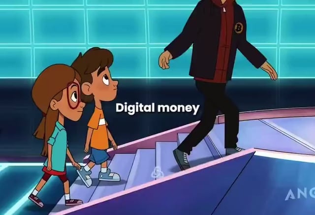 The image features a cartoon scene of two children walking up a flight of stairs, with an adult figure following behind them. In the background, there are neon blue walls that appear to be part of a futuristic setting. The caption for the image reads "Explaining Bitcoin like 5 years old". This suggests that the image is intended to explain the concept of Bitcoin in a relatable and age-appropriate manner, using the children's cartoon characters as an example.