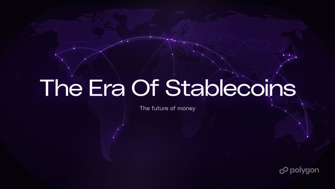 A promotional graphic featuring a purple world map with glowing connection arcs spanning the globe, displaying the headline "The Era Of Stablecoins" and subtitle "The future of money," with the Polygon logo in the bottom right corner. The image visually reinforces the post's message about the rapid global growth and emerging opportunity of stablecoins in cross-border payments, framing them as the next frontier of international money movement.