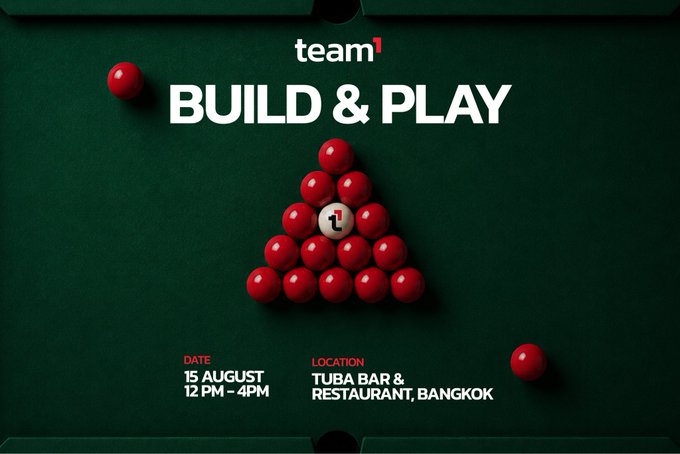 A 'BUILD & PLAY' promotional flyer for Team1, advertising an event on 15 August from 12 PM to 4 PM at Tuba Bar & Restaurant, Bangkok.