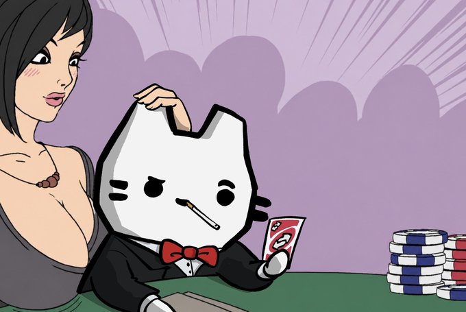 A cartoon image shows a woman petting an anthropomorphic cat in a tuxedo smoking a cigarette while playing cards at a poker table with stacks of blue and red chips, fitting the "gm nft enjoyoors" vibe of casual Web3 gambling culture.