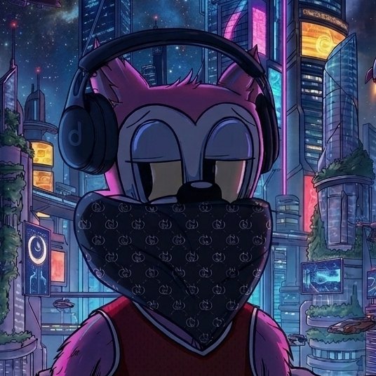 A digital illustration of a pink anthropomorphic character wearing Beats headphones and a black patterned bandana over its face, set against a neon cyberpunk cityscape.