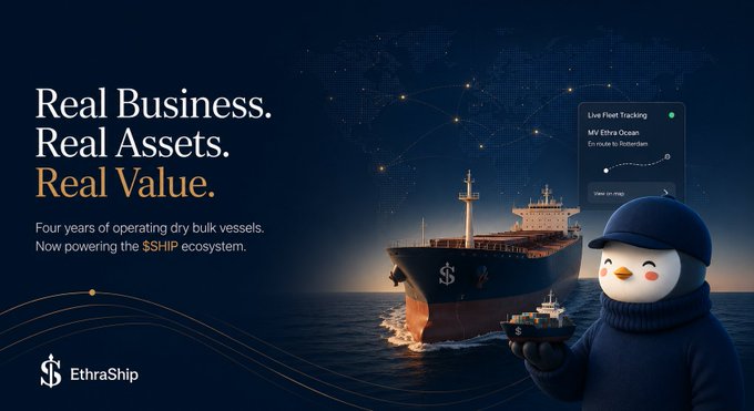 A promotional banner for EthraShip displaying 'Real Business. Real Assets. Real Value.' alongside a cargo ship, a penguin mascot, and live fleet tracking for 'MV Ethra Ocean' en route to Rotterdam.
