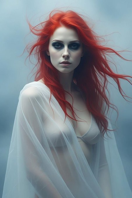A woman with vibrant red hair and dramatic eye makeup stands against a misty blue background, draped in a sheer white fabric that evokes the 'spark' and 'fire' of 'Ember' mentioned in the text.