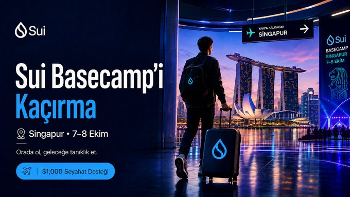 A promotional graphic for "Sui Basecamp" in Singapore on October 7-8, featuring a traveler with luggage overlooking the Marina Bay Sands, offering $1,000 travel support. The Turkish text "Sui Basecamp'i Kaçırma" (Don't Miss Sui Basecamp) and "Singapur • 7-8 Ekim" (Singapore • October 7-8) matches the accompanying post about attending the event with the Turkey community.