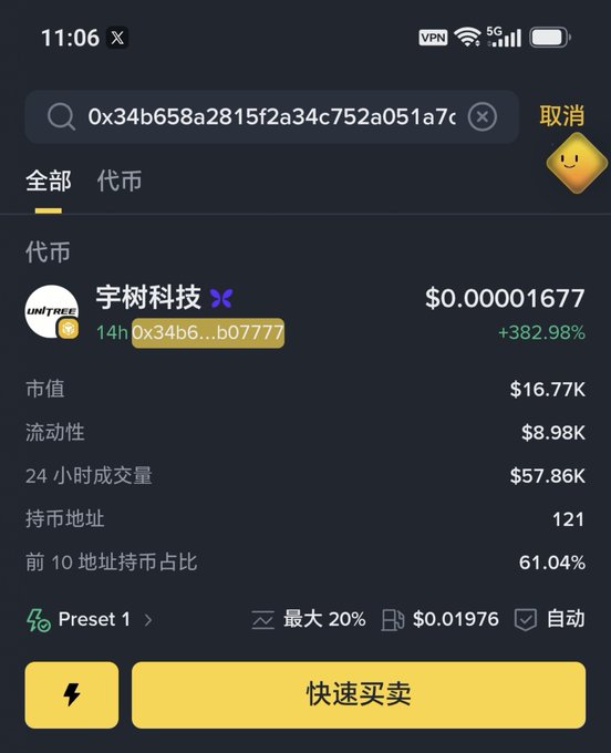 The image shows a cryptocurrency trading app displaying Unitree Technology (contract address 0x34b6...b07777) priced at $0.000001677, with a massive +382.98% gain and a market cap of $16.77K. This relates to the post showing the author testing the market feel by purchasing Unitree Technology tokens with 0.31 BNB, likely riding the early surge of its launch.