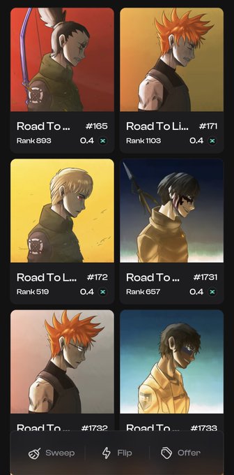 A mobile app interface displaying a grid of six anime-style character illustrations, each labeled 'Road To...' with various ranks, numbers, and a 0.4 multiplier, with options for 'Sweep', 'Flip', and 'Offer' at the bottom.