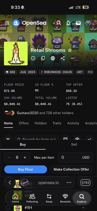 A screenshot of an OpenSea NFT collection page titled "Retail Shrooms" on the Robinhood Chain, displaying a floor price of $72.05, a 1D floor percentage of 0%, and a top offer of $58.32, with 75 out of 888 items listed (8.4%). The collection features pixel art mushroom characters, tying into the poster's announcement about minting a Retail Shrooms NFT and their anticipation to reveal it.