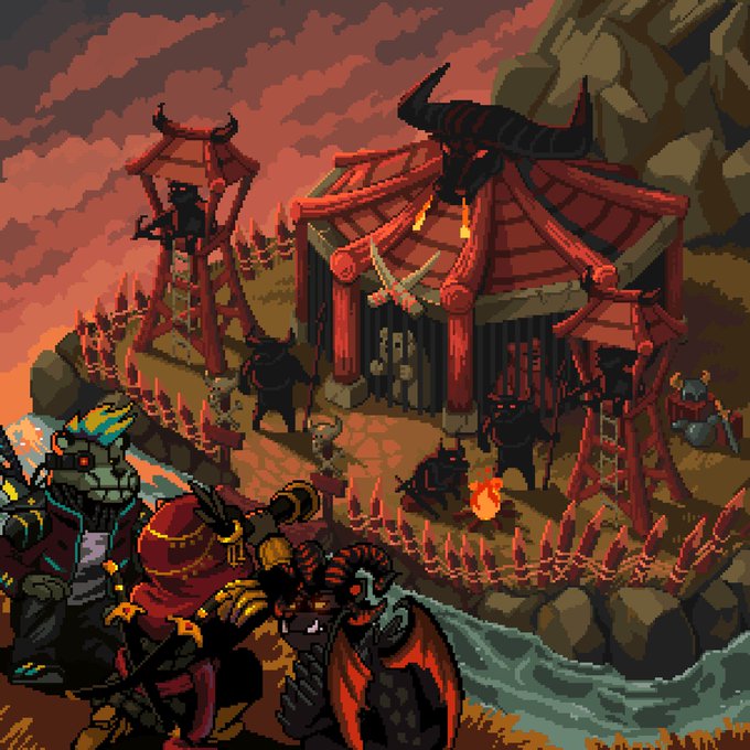 A pixel art illustration depicting a dark fantasy scene with a red-roofed temple structure, horned figures, and demonic characters in red robes along a fiery shoreline under a red sky.