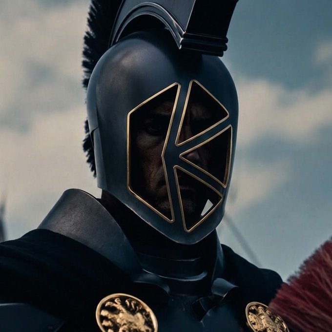 A close-up of a warrior wearing a dark helmet with a golden geometric face guard and a black-plumed crest, resembling ancient Greek or Trojan armor.