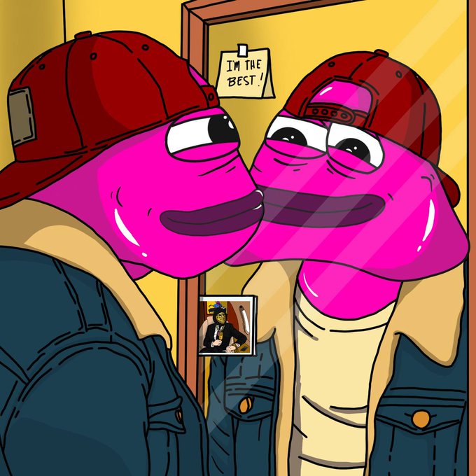 A cartoon illustration shows two pink frog-like characters wearing red caps and denim jackets looking at their reflection in a mirror with a sticky note that reads 'I'M THE BEST!'.