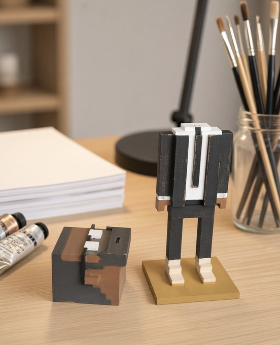 A miniature wooden figurine resembling a video game character stands on a desk next to paintbrushes and art supplies.