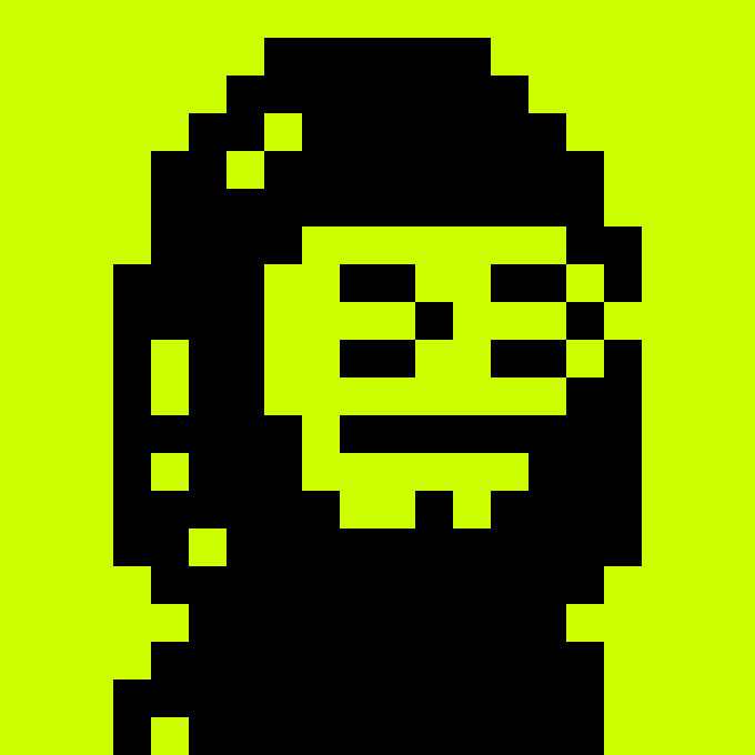 A pixelated hooded figure in black on a lime green background, resembling a hooded character or mascot, likely representing the "OnChainHoodies" NFT collection referenced in the post.