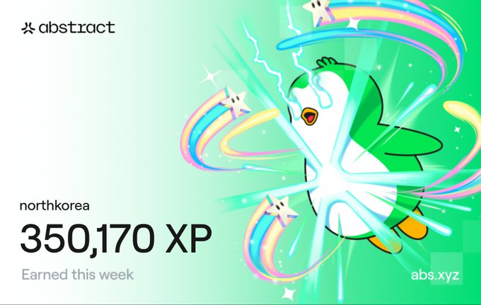 An Abstract/abs.xyz XP card for user 'northkorea' displays 350,170 XP earned this week, featuring a colorful illustration of an angry cartoon penguin shooting a rainbow laser beam.