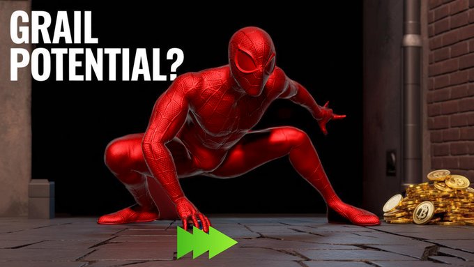 A red Spider-Man crouches in a shadowy alley beside a stack of gold coins, with the bold text "GRAIL POTENTIAL?" displayed above and a green forward arrow pointing to the coins, visually emphasizing the potential value and collectible status discussed in the post about the rare VeVe Metallic Red Spider-Man NFT drop.