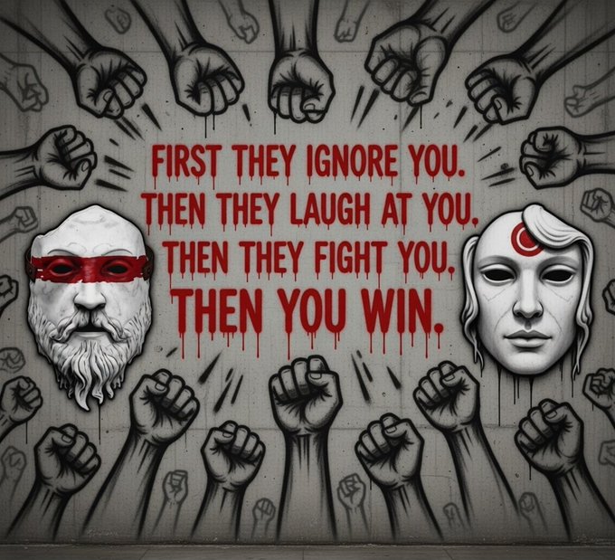 The image features a large, black and white mural with various hand gestures and symbols, including fists raised in different directions. The text "First they ignore you. Then they laugh at you. Then you win." is written above the mural, which appears to be a political statement or protest against social norms. The post also mentions that one of the tokens being used for this artwork is a meme called "Don'T buy the wrong $CULT token One is a useless meme. One is revolutionary". This suggests that the artist may have created the mural as part of a larger campaign to raise awareness about certain issues or to promote a specific message related to social norms and expectations.