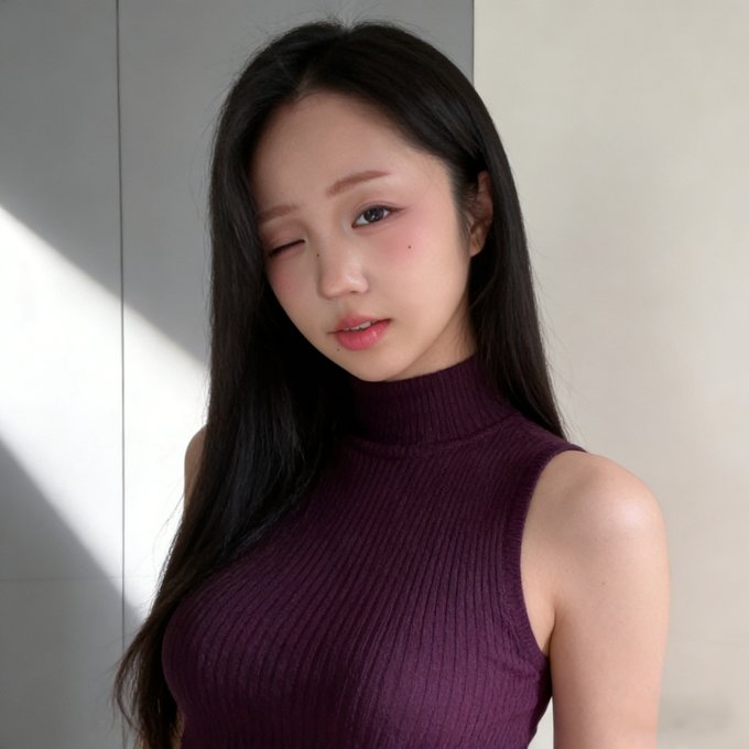 The image features a young woman with long black hair wearing a purple top, posing for the camera. She has her eyes closed and looks directly at the camera, giving off an air of confidence and style. The background appears to be a white wall or door frame, which contrasts nicely with the woman's dark hair and purple top. There is also text in the image that reads "Successfully introduced a match for me 4BNB".