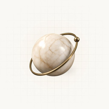 A decorative 3D render shows a white marble sphere encircled by a thin gold ring against a light grid background.