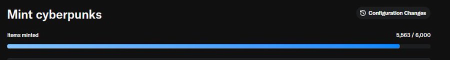 A screenshot of an NFT minting progress bar titled 'Mint cyberpunks' showing that 6,563 out of 6,000 items have been minted, accompanied by a 'Configuration Changes' button.