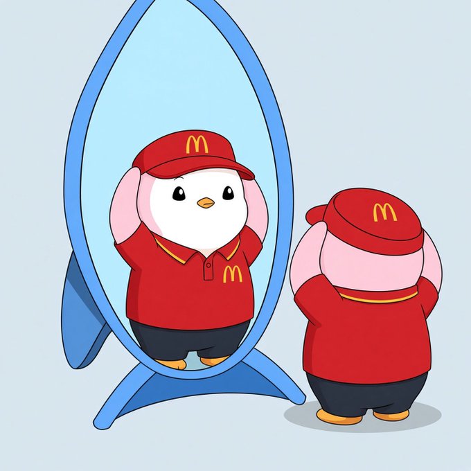 An illustration shows a cartoon penguin in a red McDonald's uniform looking at its reflection in a blue standing mirror.