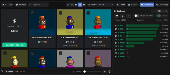 The image shows the Satflow NFT marketplace interface displaying several "OCM Dimensions" collectibles (items #257, #81, and #195) priced in BTC, with #257 listed at 0.15 BTC, #81 at 0.15 BTC, and #195 at 0.2 BTC, alongside an orderbook showing various buy/sell offers. This aligns with the post highlighting notable Dimension offers available on the Satflow platform.