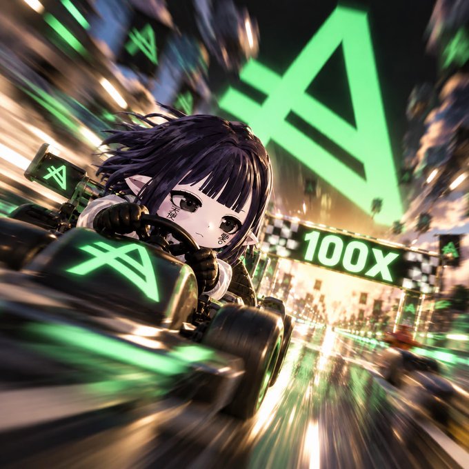 An anime-style illustration shows a dark-haired chibi character riding a futuristic vehicle with glowing green accents, set against a high-speed, motion-blurred background with large green text and '100X' visible.