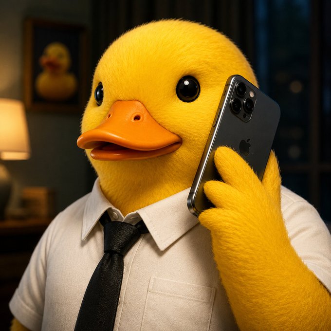 A yellow duck character wearing a white dress shirt and black tie, holding a smartphone to its ear in a dimly lit room.
