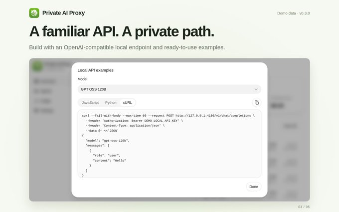 A webpage for "Private AI Proxy" titled "A familiar API. A private path." shows a code editor interface with a cURL example for the "GPT OSS 120B" model.