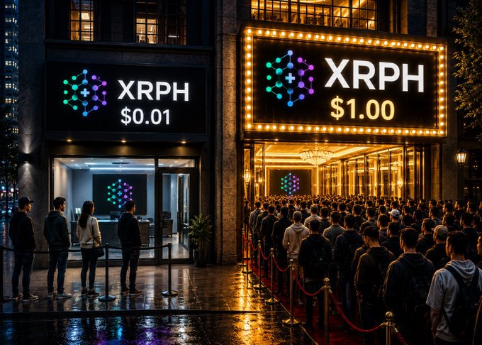 A nighttime image showing two storefronts for XRPH cryptocurrency, with one showing a price of $0.01 and few people, while the other displays $1.00 with a large crowd lined up outside behind velvet ropes.