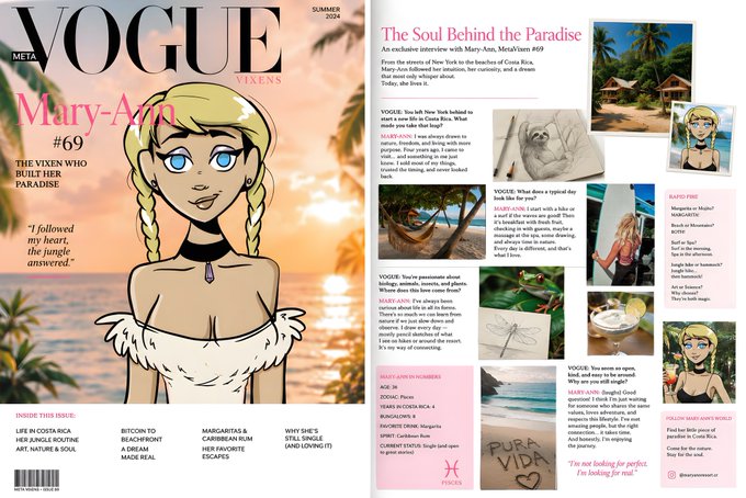 A Vogue magazine spread featuring 'Mary-Ann #69' titled 'The Vixen Who Rules Her Paradise', with article headlines about Costa Rica, Bitcoin, Margaritas, and Carrie Bradshaw, signed by Metaverse.