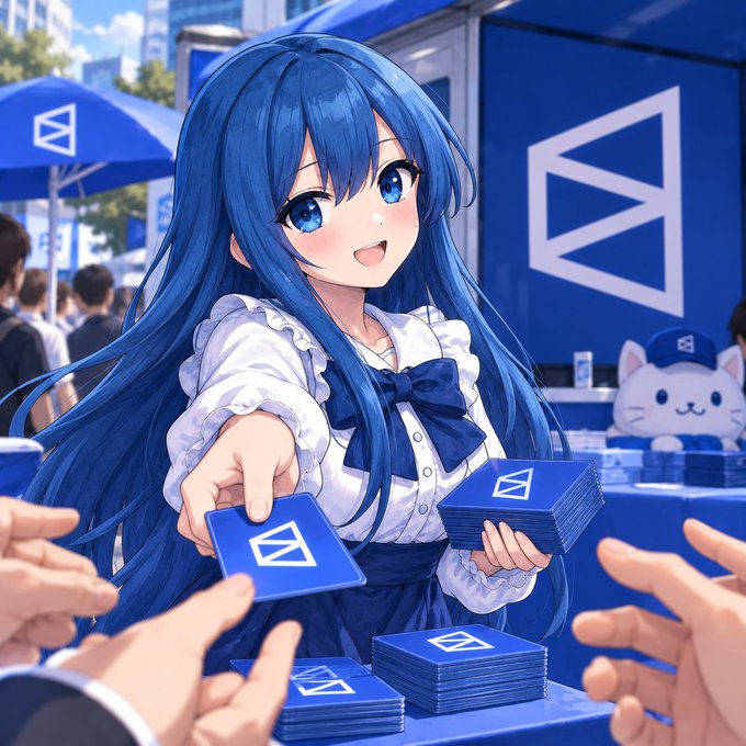 An anime-style illustration of a blue-haired girl in a white and blue outfit handing out blue cards with a white logo at an outdoor promotional booth.