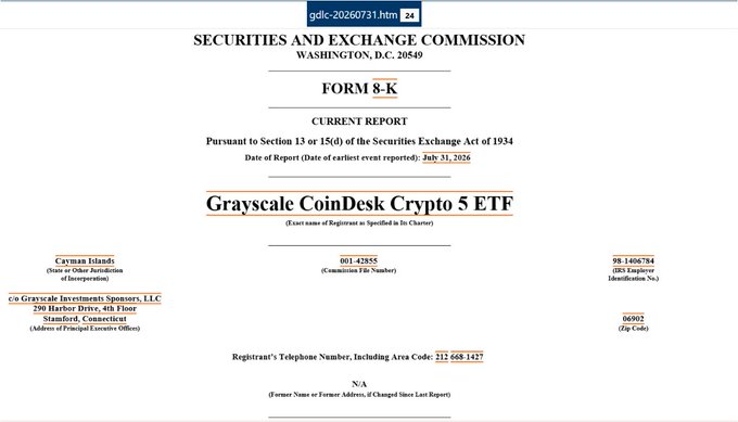 The image shows the cover page of a Form 8-K SEC filing for the Grayscale CoinDesk Crypto 5 ETF (ticker GDLC), filed on July 31, 2026, with Commission File Number 001-42855 and IRS Employer Identification No. 98-1406784. The filing relates to the post's news that Grayscale has completed its quarterly portfolio review for the GDLC fund, triggering a rebalance of its holdings in BTC, ETH, XRP, SOL, and BNB.