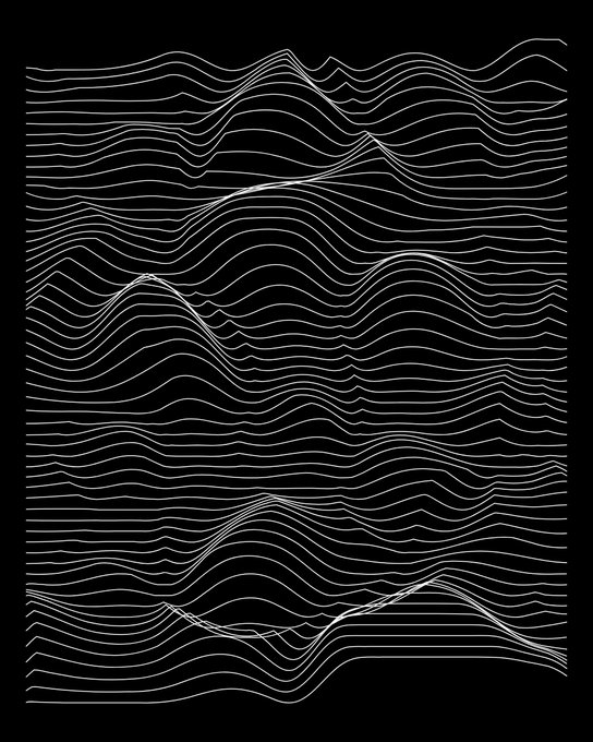 A minimalist black-and-white artwork featuring numerous wavy horizontal lines resembling abstract topographic or audio waveform patterns.