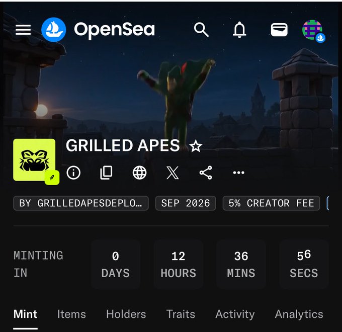 An OpenSea NFT marketplace page showing a collection called 'GRILLED APES' by GRILLEDAPESDEPLO... with a minting countdown timer showing 0 days, 56 seconds remaining.