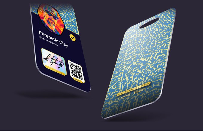 A 3D render of an NFT card titled 'Phrenetic Clay' (@phreneticclay) showing a colorful illustration on one side and a blue/yellow patterned back with a QR code and signature.
