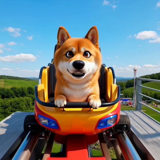 The image features a brown and white Shiba Inu dog sitting inside a roller coaster car, smiling at the camera while riding the ride. The caption below the photo reads "Fact: it' s way more fun to lose money holding a silly coin with a dog on it than to lose money holding some boring nerd coin". This statement is related to the image because the Shiba Inu's presence in the roller coaster car adds an element of humor and silliness, making it seem like the dog is intentionally participating in the ride as if it were a game or a joke.