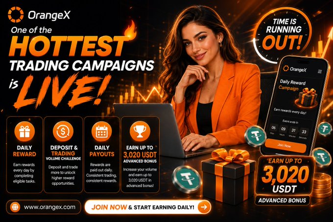 OrangeX promotional banner featuring a woman in an orange blazer working on a laptop, advertising 'One of the HOTTEST TRADING CAMPAIGNS is LIVE!' with a 'TIME IS RUNNING OUT!' countdown clock. The campaign offers daily rewards, a deposit & trading volume challenge, daily payouts, and up to 3,020 USDT in advanced bonuses.