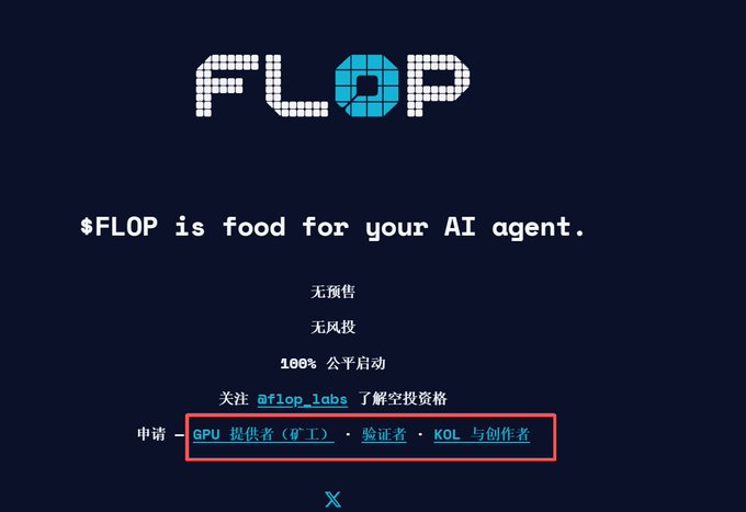 The image shows a promotional graphic for FLOP Labs, featuring a pixelated logo and the tagline "$FLOP is food for your AI agent," along with Chinese text emphasizing no presale, no VC investment, and 100% fair launch. It also includes a red-boxed section highlighting application roles for GPU providers, validators, and KOLs/creators, which complements the post's description of FLOP as a project by Arthur Hayes building a network to support AI Agents with a Q4 airdrop.