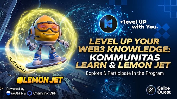 A promotional graphic for "LEVEL UP YOUR WEB3 KNOWLEDGE: KOMMUNITAS LEARN & LEMON JET," featuring a 3D lemon character wearing sunglasses and a headset, powered by Base & Chainlink VRF.