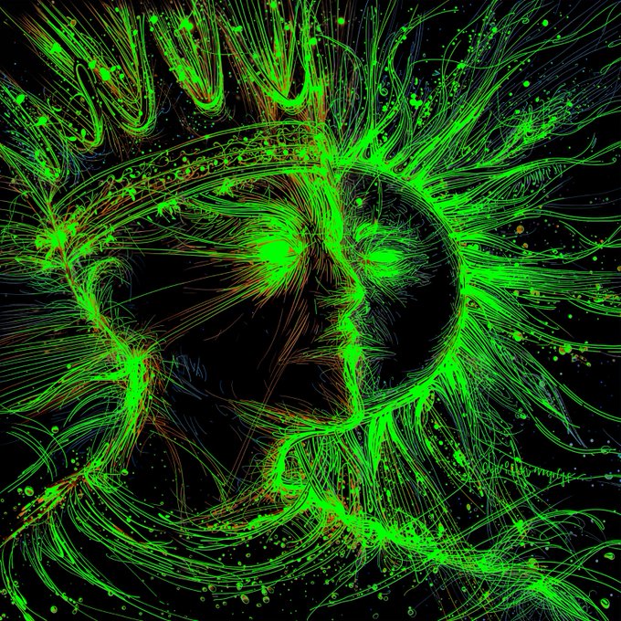 An abstract digital artwork features bright green swirling lines and splatters against a black background.