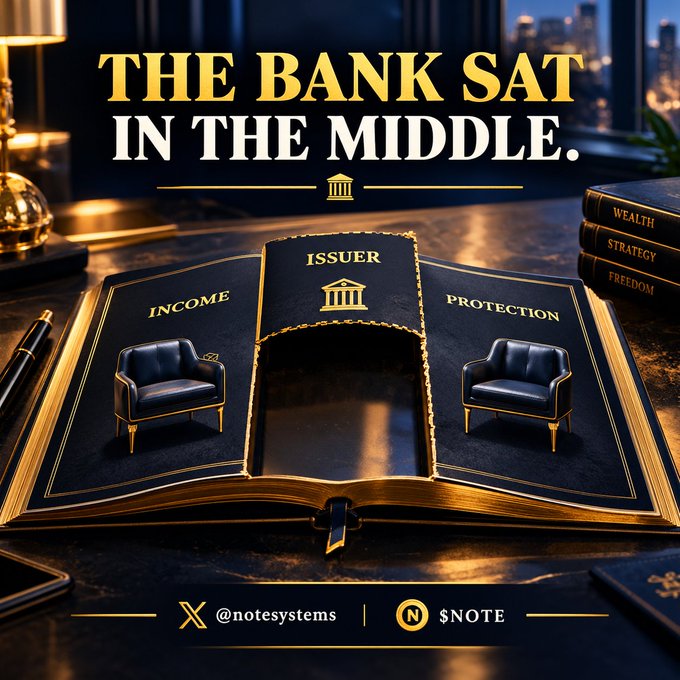 A promotional graphic with the headline 'THE BANK SAT IN THE MIDDLE.' above an open book displaying three sections labeled 'INCOME', 'ISSUER', and 'PROTECTION', with social handles '@notesystems' and '$NOTE' at the bottom.