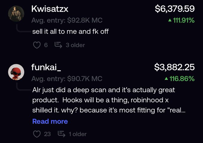 A social feed showing trader comments with profit stats: 'Kwisatzx' showing $6,379.59 (▲111.91%) with avg entry $92.8K MC commenting 'sell it all to me and fk off', and 'funkai_' showing $3,882.25 (▲116.86%) with avg entry $90.7K MC commenting about an AI scan praising the product.