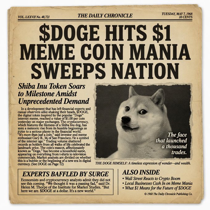 A vintage-style newspaper from "The Daily Chronicle" dated May 7, 1968 features a bold headline reading "DOGE HITS $1, MEME COIN MANIA SWEEPS NATION," alongside a black-and-white photo of the iconic Shiba Inu "Doge" meme captioned "The face that launched a thousand trades." The article details the Shiba Inu token reaching a $1.00 milestone and includes sub-headlines about Wall Street reactions and the future of $DOGE, perfectly matching the user's post about saving this playful $DOGE-themed mock newspaper for their kids.