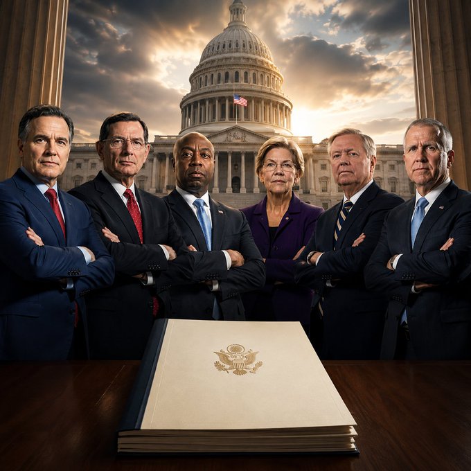 AI-generated image of six politicians in formal attire standing behind a desk with a document, posed in front of the U.S. Capitol building.