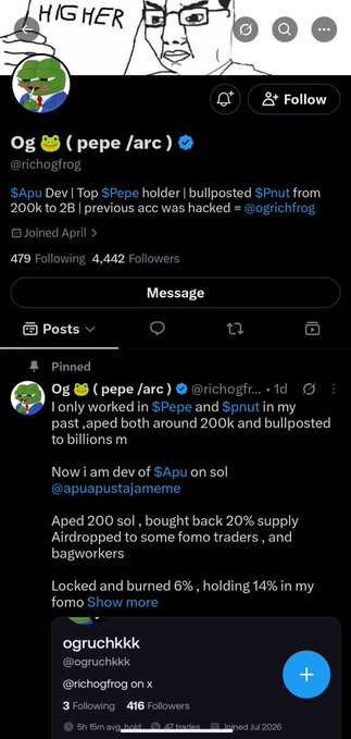 A Twitter/X profile screenshot for 'Og 🐸 (pepe /arc)' (@richogfrog) displaying a pinned post about crypto token activities involving $Pepe and $Pnut, and a developer announcement regarding $Apu on sol.