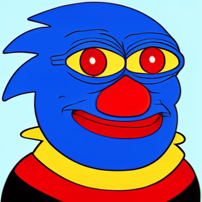A digital illustration features a blue muppet-like character with yellow eyes, red pupils, a red nose, and a wide red smile, wearing a yellow and red striped collar.