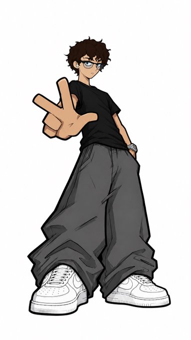 An anime-style illustration of a young man with curly brown hair and glasses, wearing a black t-shirt, extremely baggy gray pants, and white sneakers, making a finger gun gesture toward the viewer.